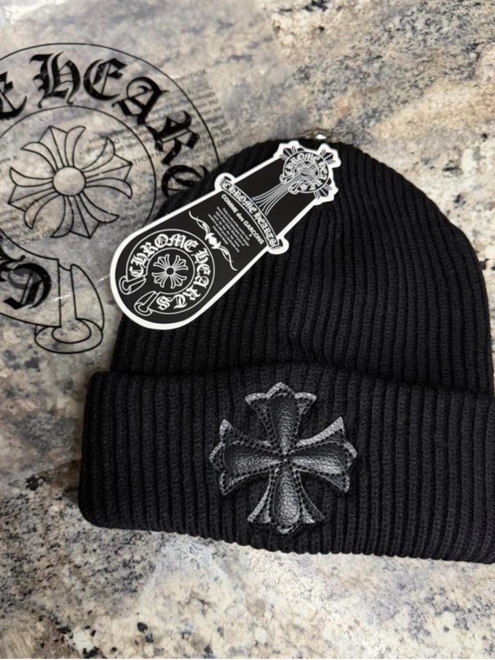 “CH”  Ribbed Beanie with Cross Patch